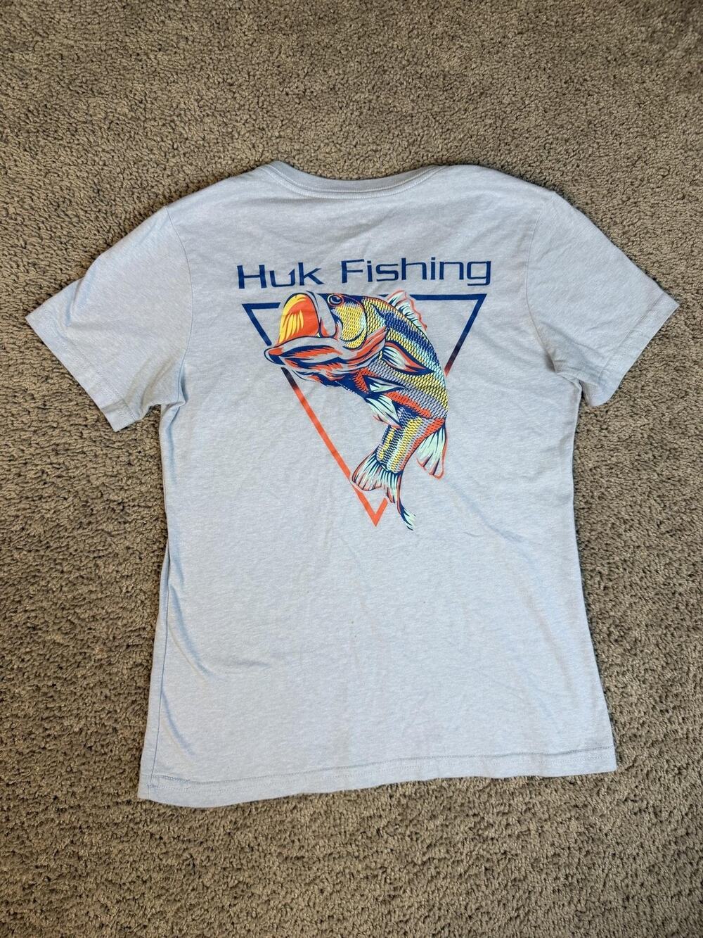 Huk T-Shirt Womens S Blue V-Neck Fish Graphic Cotton Polyester Slim Short Sleeve
